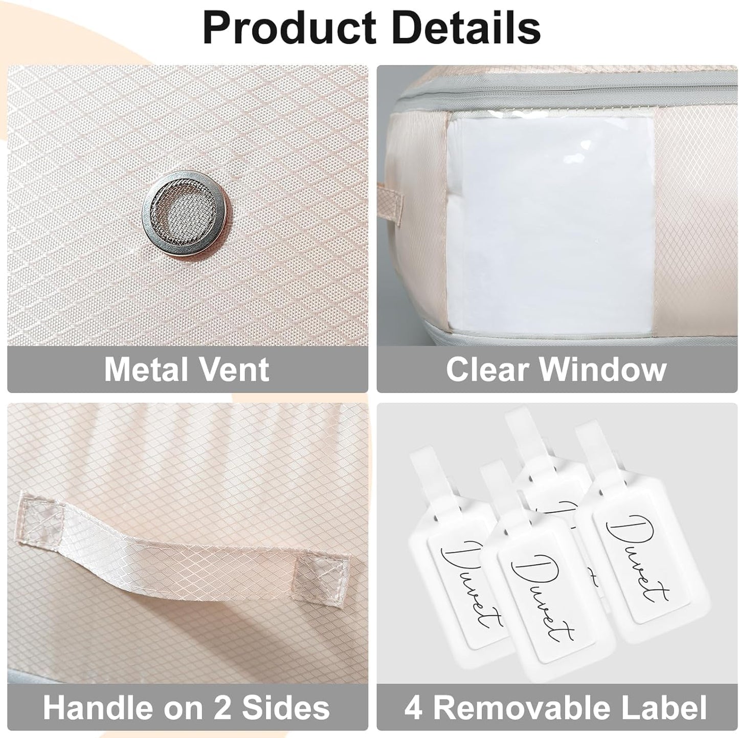DIMJ Comforter Storage Bag - Large Capacity Ultra Space Saving Self Compression Organize for Duvet, Pillow, Bedding, Blanket Storage Organizer Nylon Compression Bags, Beige, 4 Pack
