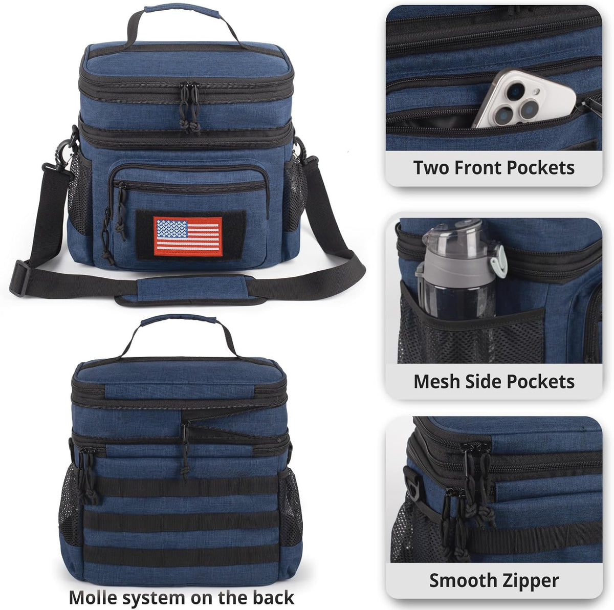 ATRIPACK Lunch Bag for Men, Double Deck Tactical Lunch Box Work with Shoulder Strap MOLLE Webbing Large Lunch Cooler Leakproof Insulated (Blue)