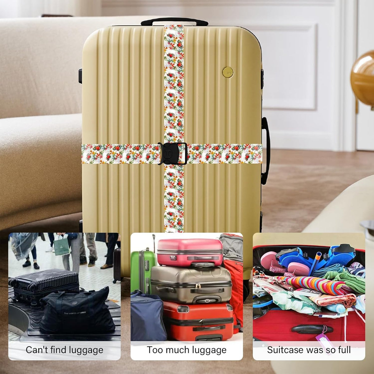 Luggage Straps for Suitcases, Travel Adjustable Belt with Quick Release Buckle, Heavy Duty Nylon Bag Packing Strap, Unique Bright Identifiers Business Travel Accessories (2 Pack) - Red Yellow Flowers
