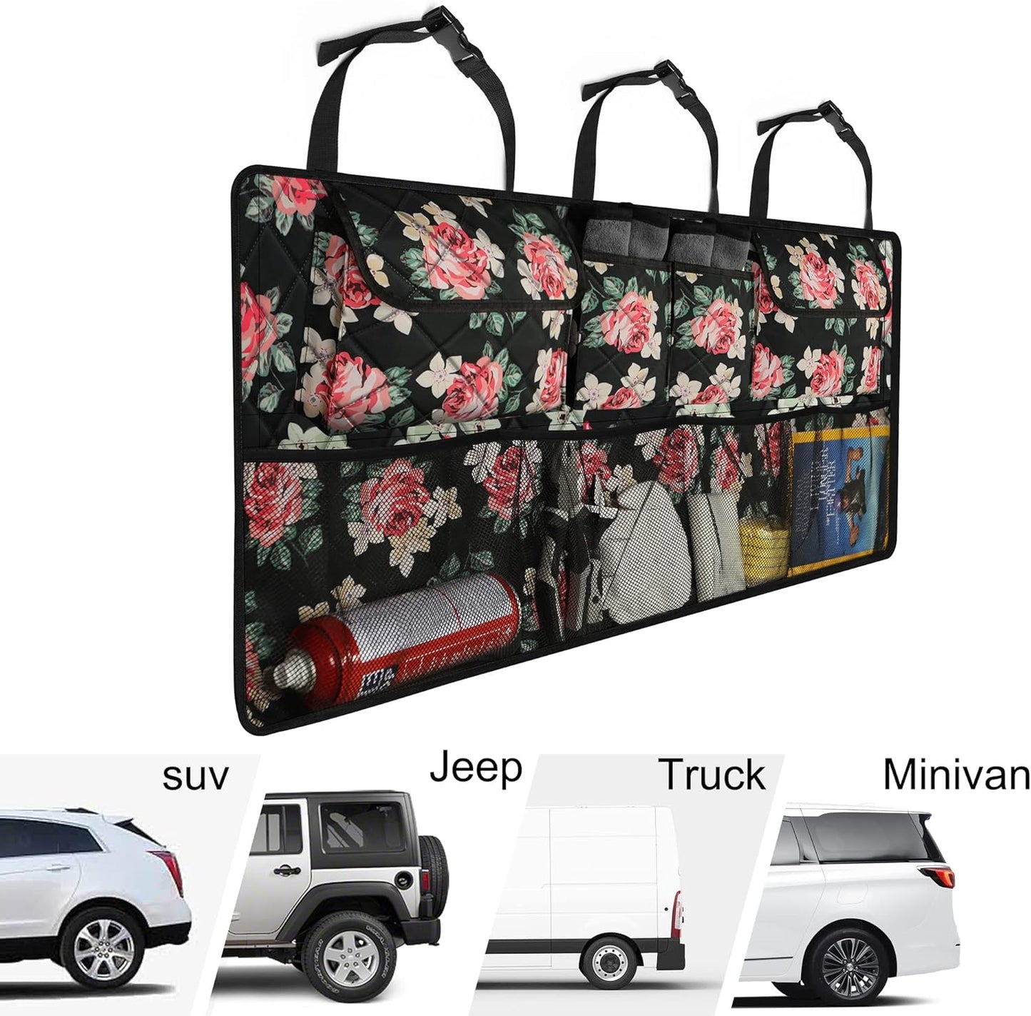Car Trunk Organizer,Large Capacity Backseat Trunk Organizer(42"*18"),Collapsible Car Storage Bag with 8 Pocekt,Car Organizer for SUV/MPV/Truck - Floral