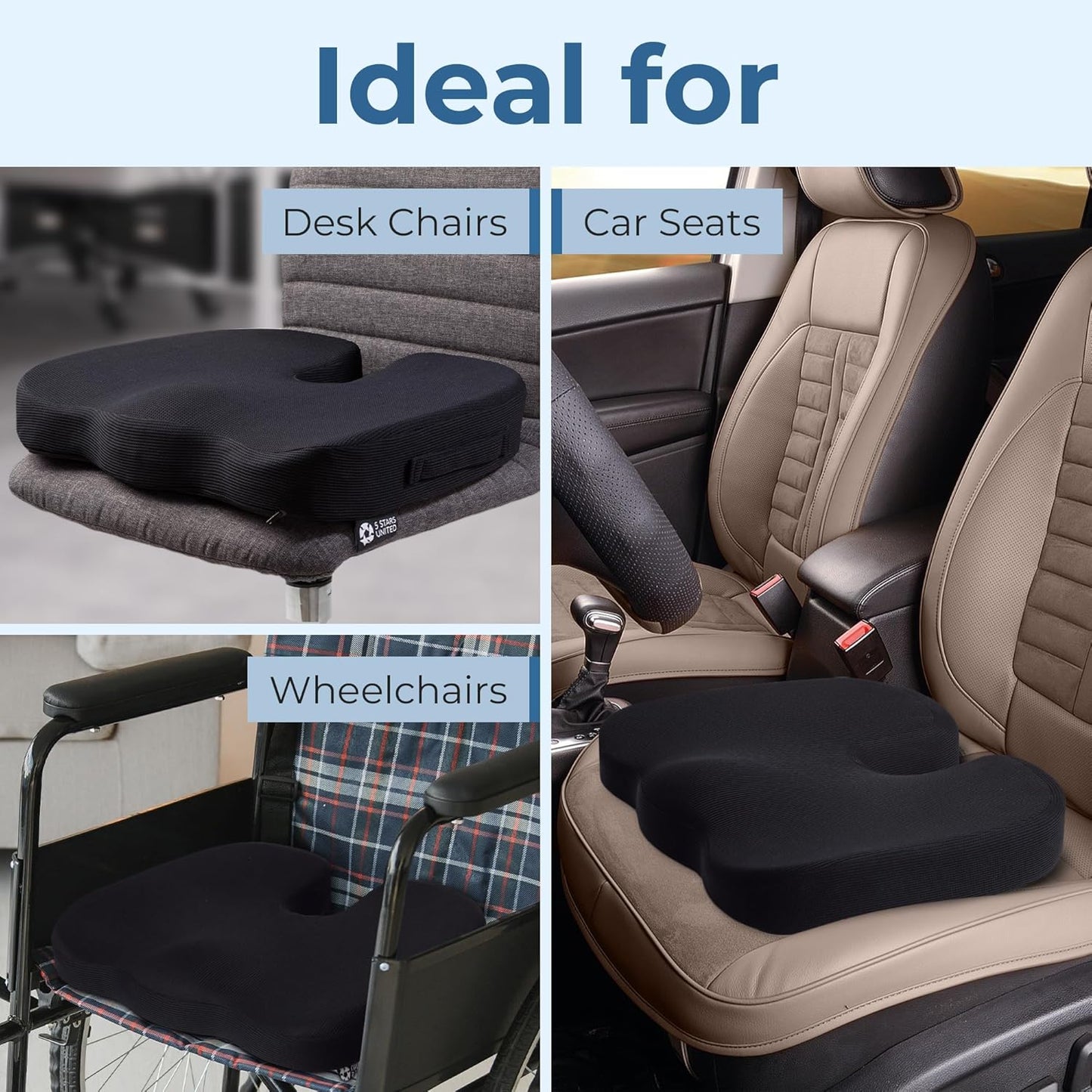 5 STARS UNITED Seat Cushion for Tailbone Pain Relief ā Large Memory Foam Cushion for Coccyx, Hip, Sciatica & Post-Surgery Recovery ā Wheelchair, Car, Desk, Gaming & Office Chairs, Black