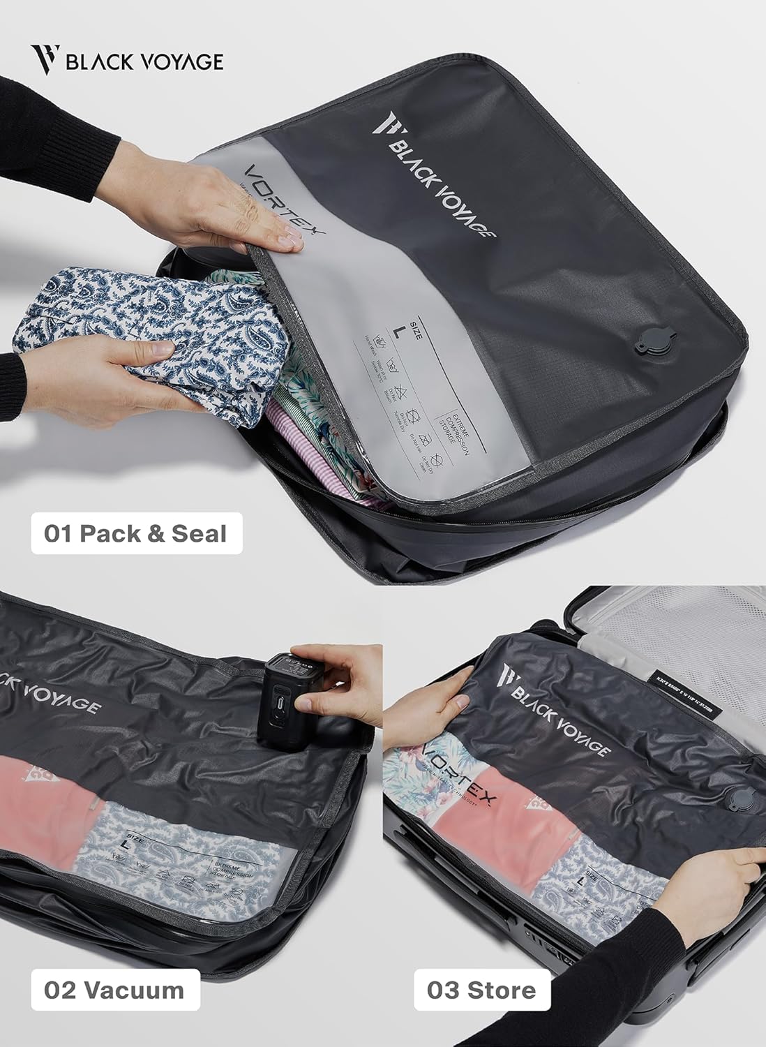 Black Voyage Reusable Vacuum Compression Travel Bag for Carry-On Suitcase and Backpack, Recycled IP67 Waterproof Space Saver Vacpack (2-Pack, 41L - Pump Included)