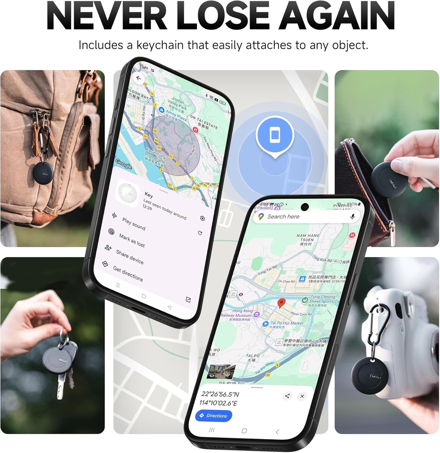 MiLi MiTag Bluetooth Tracker for Android, Google Certified Key Finder/Luggage Tracker/Item Locator, Smart Tracking Tag for Google Find My Device (Find Hub) App, 4 Pack