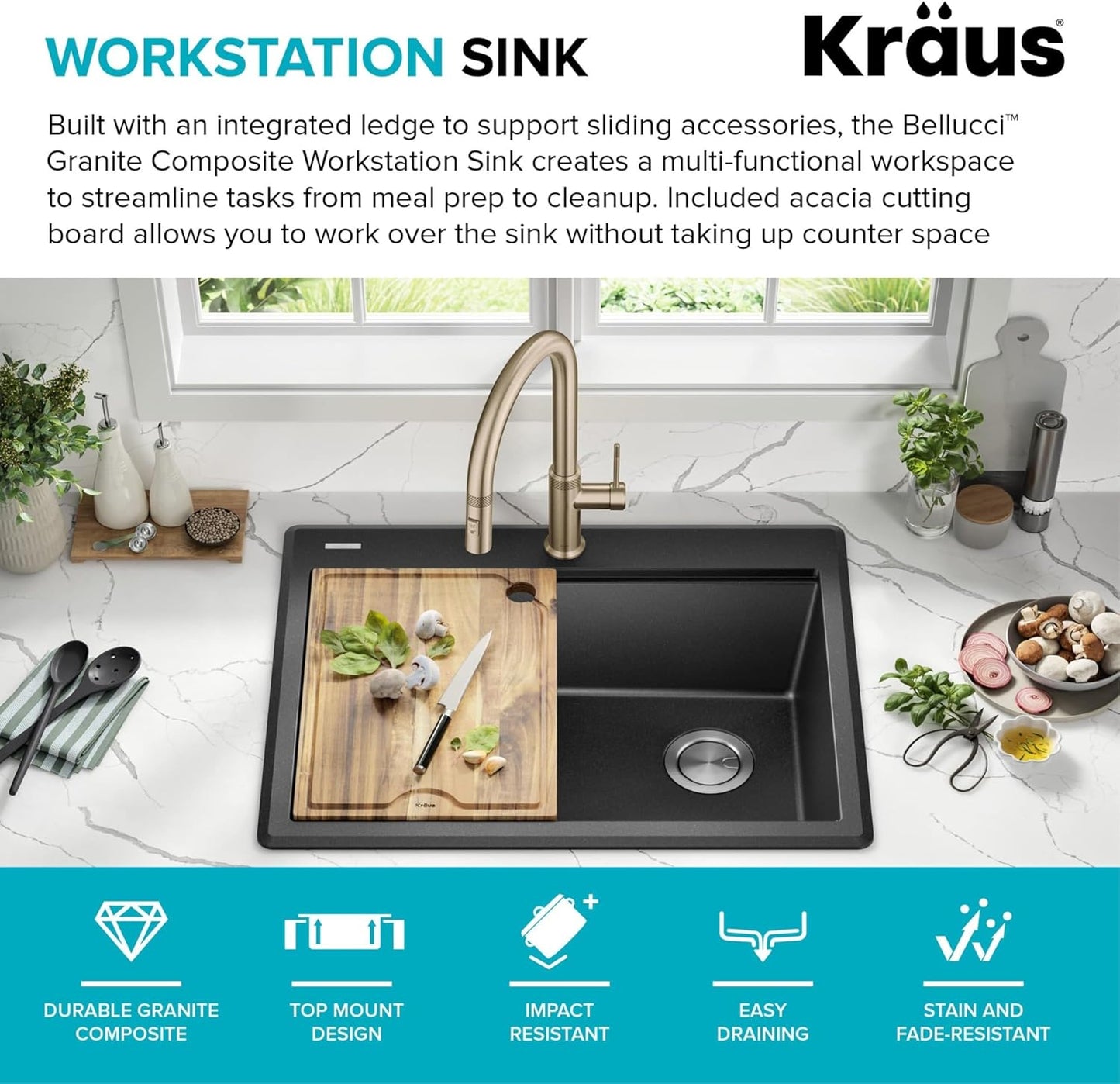 KRAUS Bellucci 28-inch Granite Workstation Drop In Top Mount Single Bowl Kitchen Sink in Metallic Black with Accessories, KGTW12-28MBL