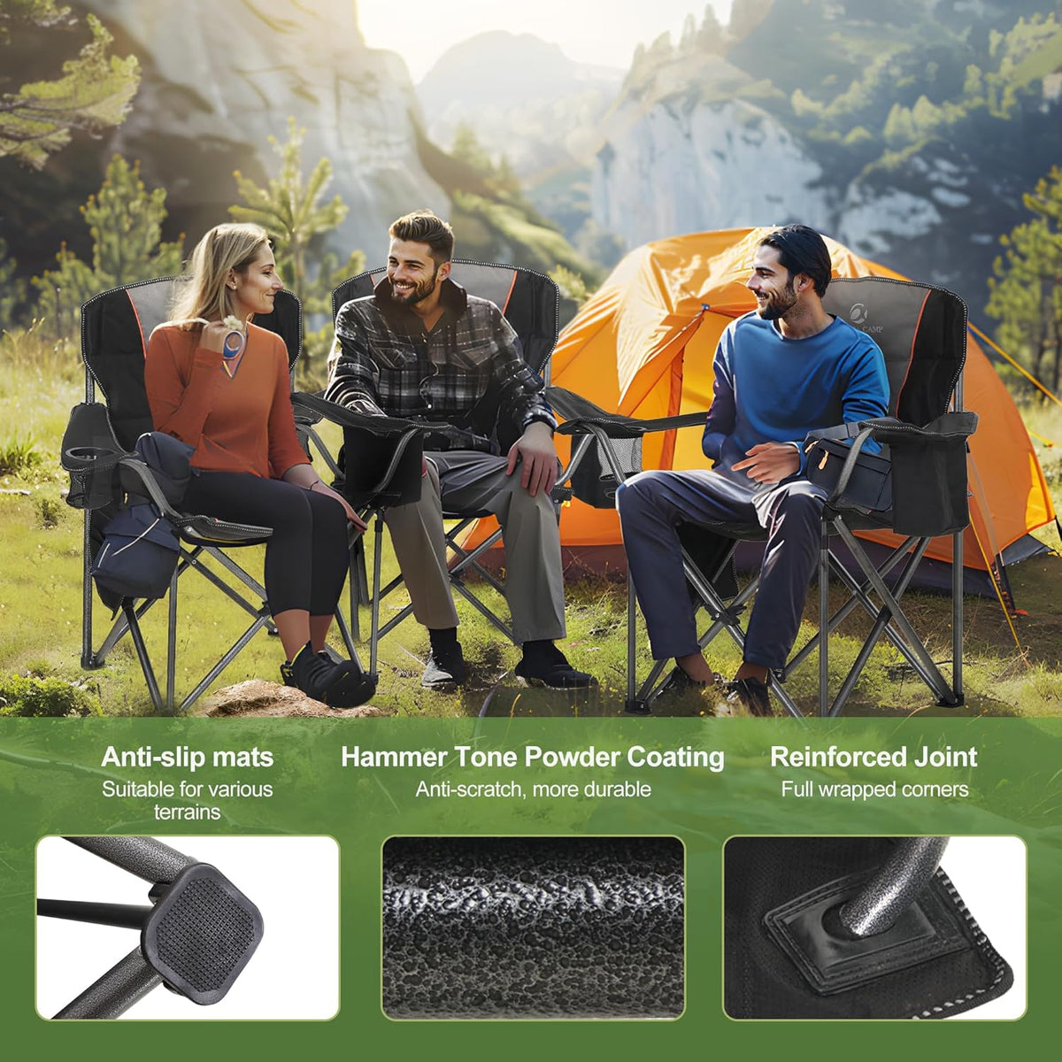 LET'S CAMP Folding Camping Chair Oversized Heavy Duty Padded Outdoor Chair with Cup Holder Storage and Cooler Bag, 450 LBS Weight Capacity, Thicken 600D Oxford,2 Pack