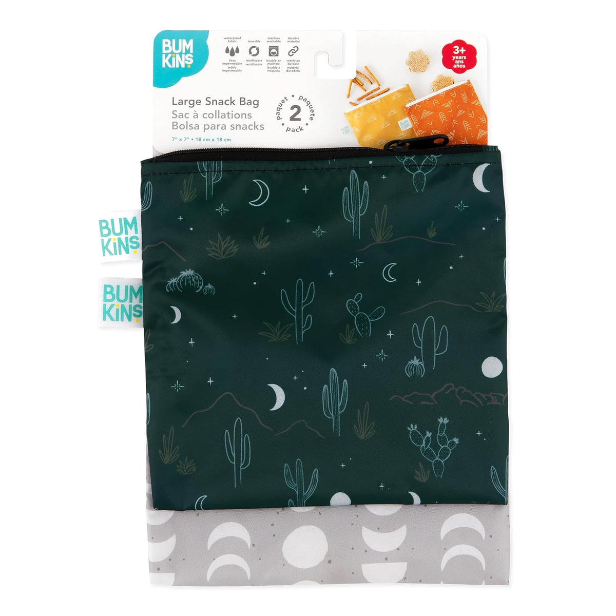 Bumkins Reusable Sandwich and Snack Bags, for Kids School Lunch and Adults Portion, Washable Fabric, Waterproof Cloth Zip Bag, Travel Pouch, Food-Safe Storage, Large 2-pk Desert Dk. Green and Gray