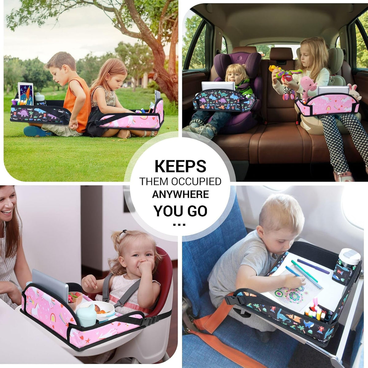COOLBEBE Kids Travel Tray for Toddler Car Seat, 2PCS Travel Tray for Airplane, Toddler Car Seat Lap Tray, Carseat Table Tray for Kids Travel Activities(Dinosaur & Pink Unicorn)