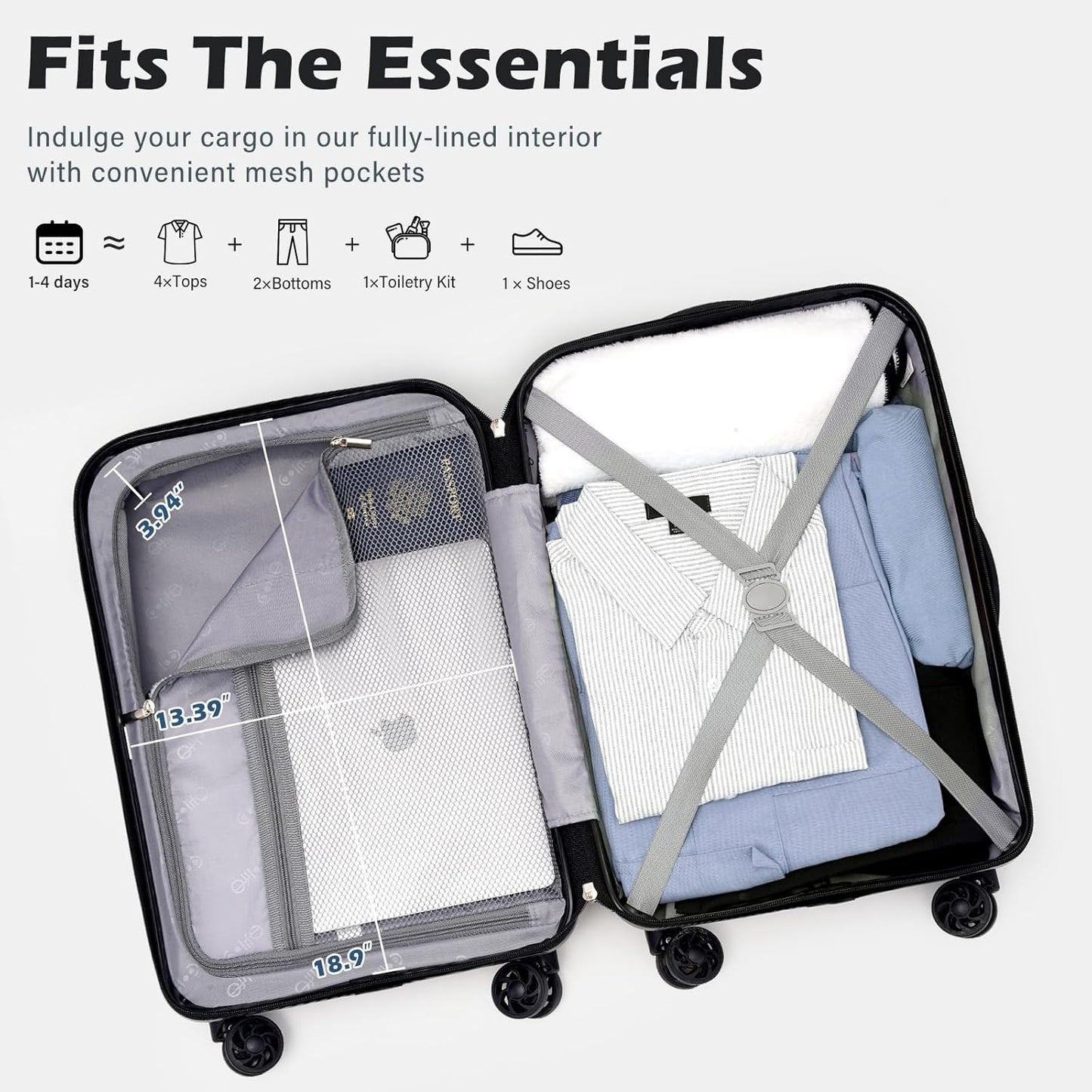 Coolife Carry On Luggage Airline Approved with Wheels Hard Shell Suitcase Spinner TSA Lock Telescopic Handle 20-inch,Gray