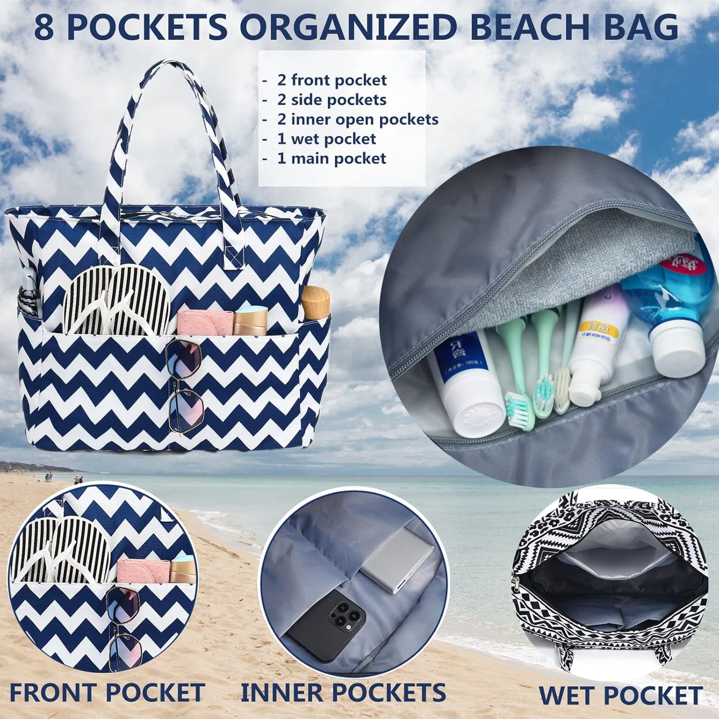 Waterproof Beach Tote Pool Bags for Women Ladies Extra Large Gym Tote Carry On Bag With Wet Compartment for Weekender Travel