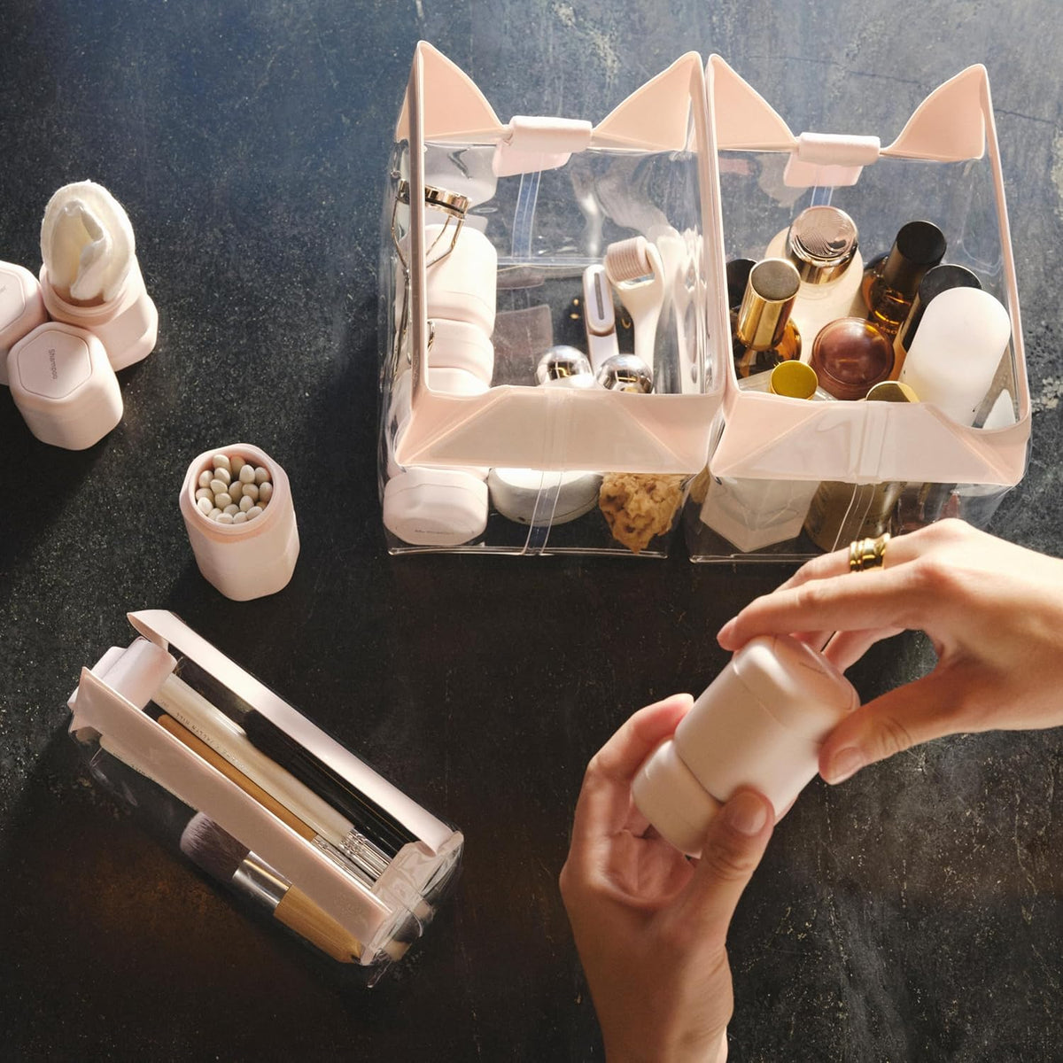 Cadence Travel Containers - Body Care Capsule Set - Magnetic Containers with Lids,Carry On Travel Essentials for Women/Men - 3 Flex Mediums (1.32oz) - Body Wash, Lotion & Sun Icon Labels - Pacific