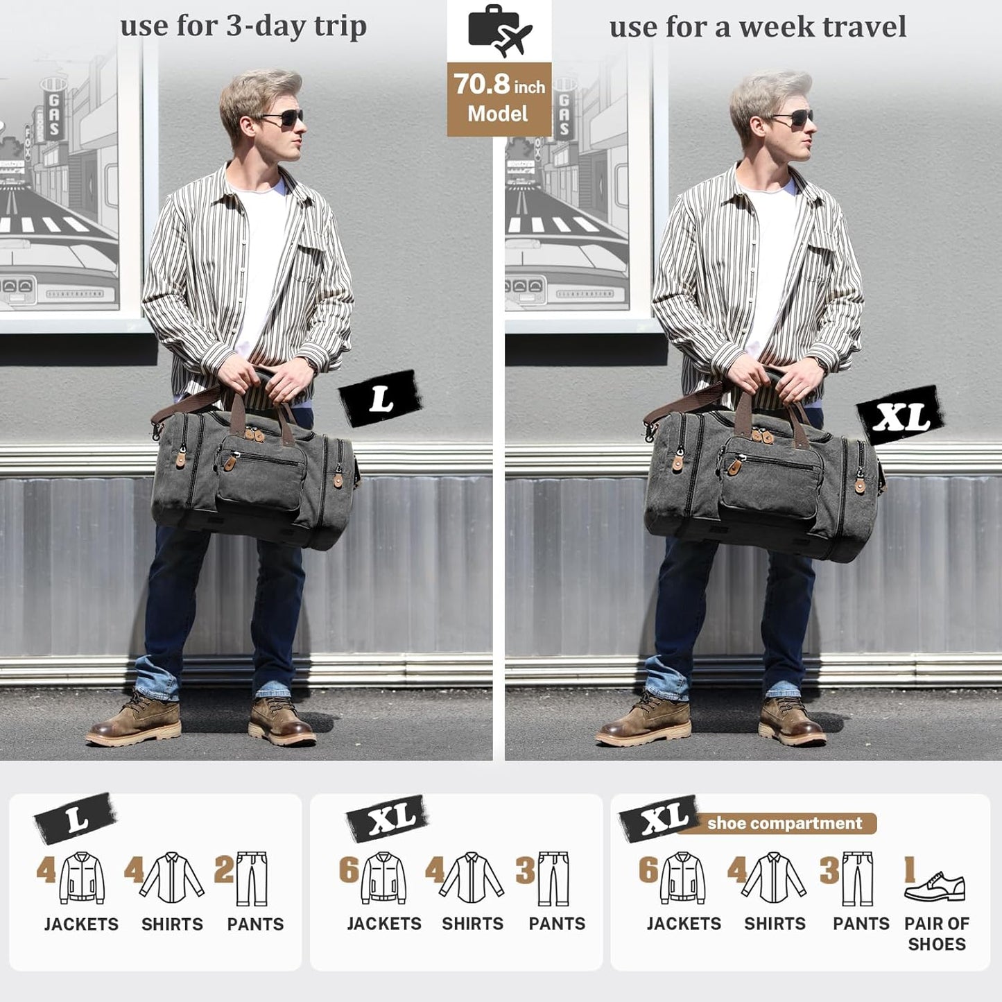 Gonex Canvas Duffle Bag for Travel 50L Expandable Duffel Weekend Overnight Bag men (Dark Gray)