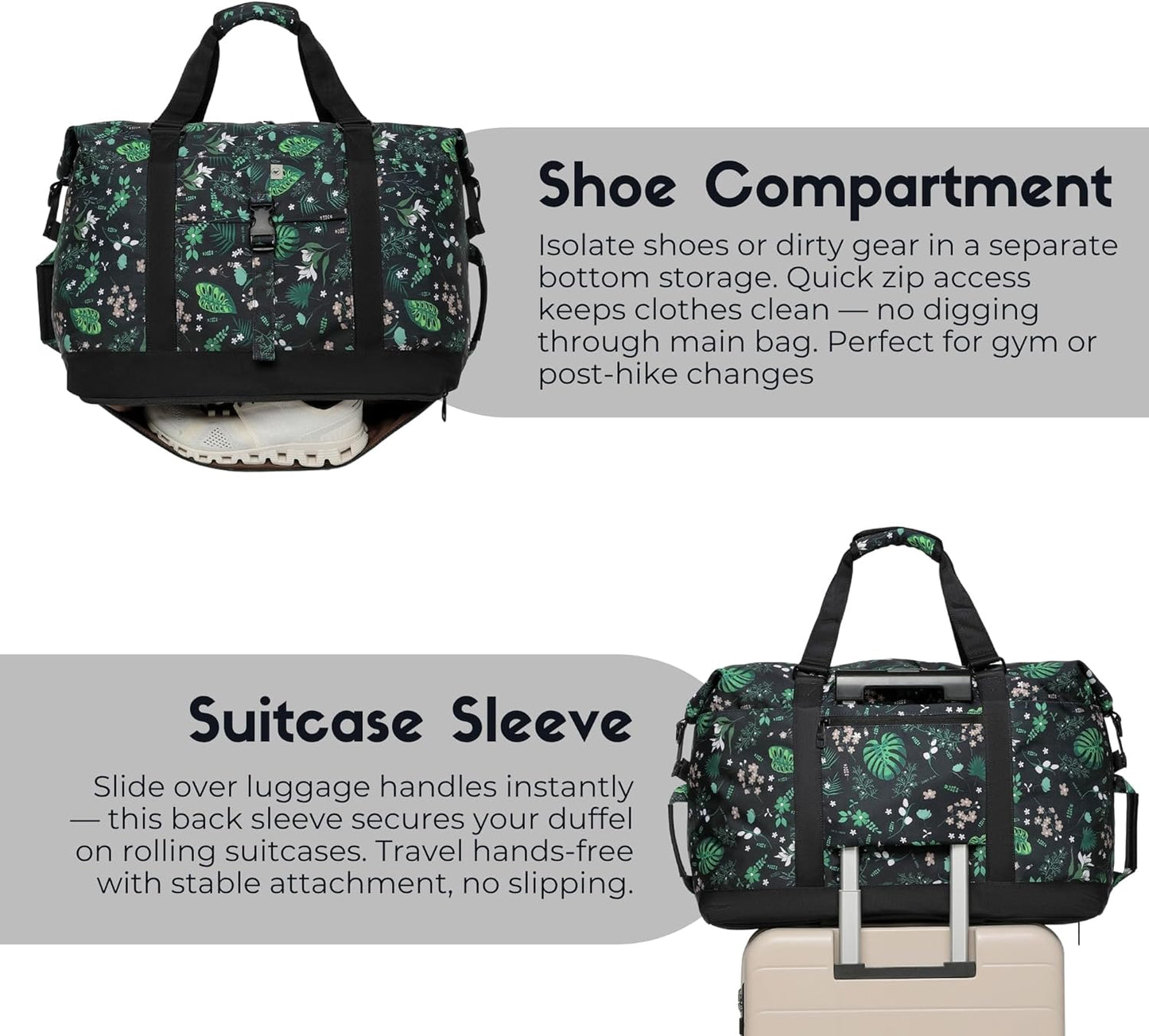 SUNNY BIRD Duffel with Utility Pouch, 40L Weekender Overnight Bag with Shoe Compartment for Travel and Sports (Floral & Foliage)