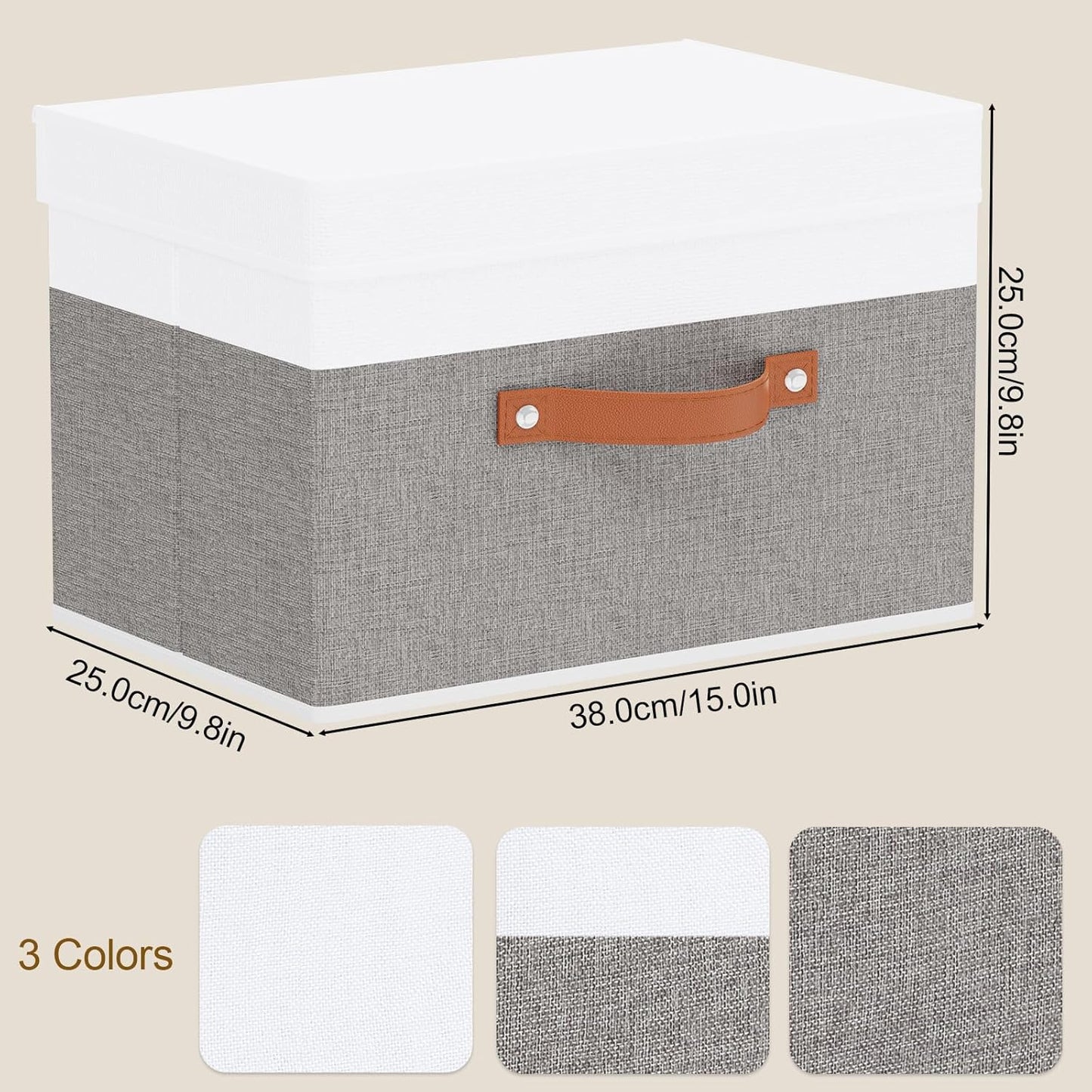 Fabric Storage Bins with Lids, 5 Pack Linen Foldable Cloth Baskets, 15 x 9.8 x 9.8 Inch Closet Organizer Containers with Double Handles, Sweater Boxes for Bedroom, White and Grey