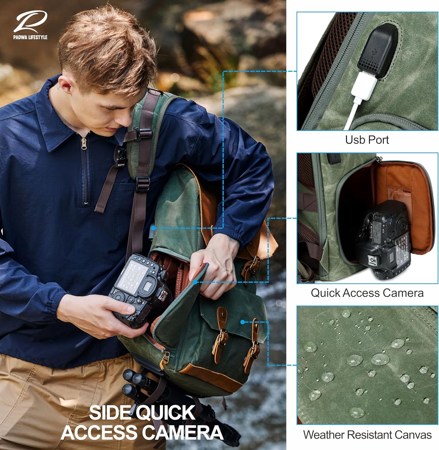 Padwa Lifestyle Green Camera Backpack - Waxed Memory Canvas Camera Bag, Multi DSLR SLR Large Camera Backpacks for Photographers with 16β Laptop & Lens Compartment and Tripod Holder & Weather Resistant