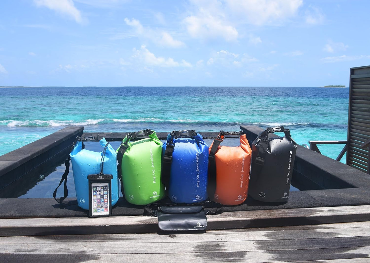 Freegrace Waterproof Dry Bags Set of 3 Dry Bag with 2 Zip Lock Seals & Detachable Shoulder Strap, Waist Pouch & Phone Case - Can Be Submerged Into Water - for Swimming (Green, 10L)