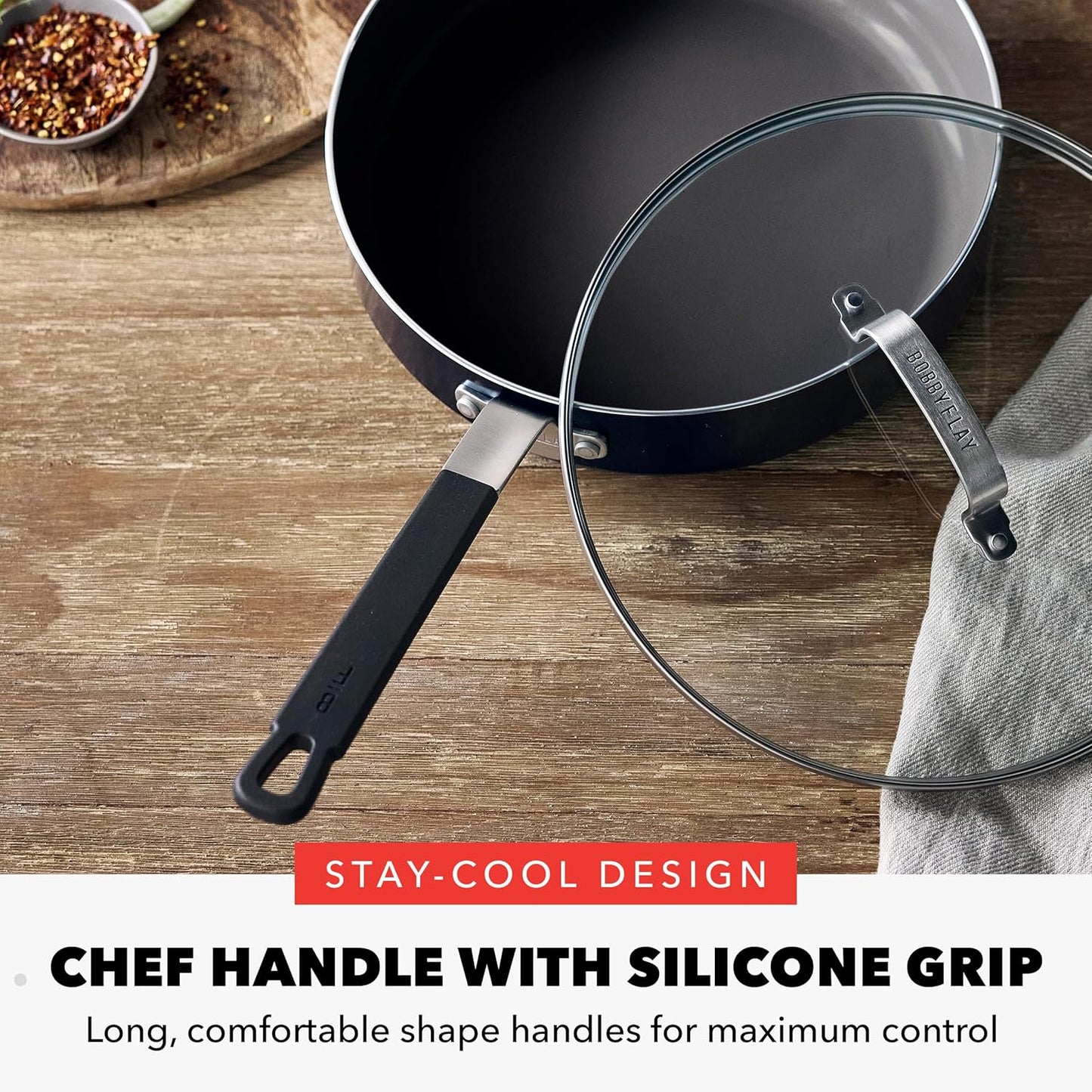 GreenPan x Bobby Flay 13 Piece Nonstick Cookware Pots and Pans Set, PFAS-Free Diamond Ceramic, Induction Suitable, Easy Clean Dishwasher & Oven Safe, Stay-Cool Silicone Handles, Glass Lids, Black