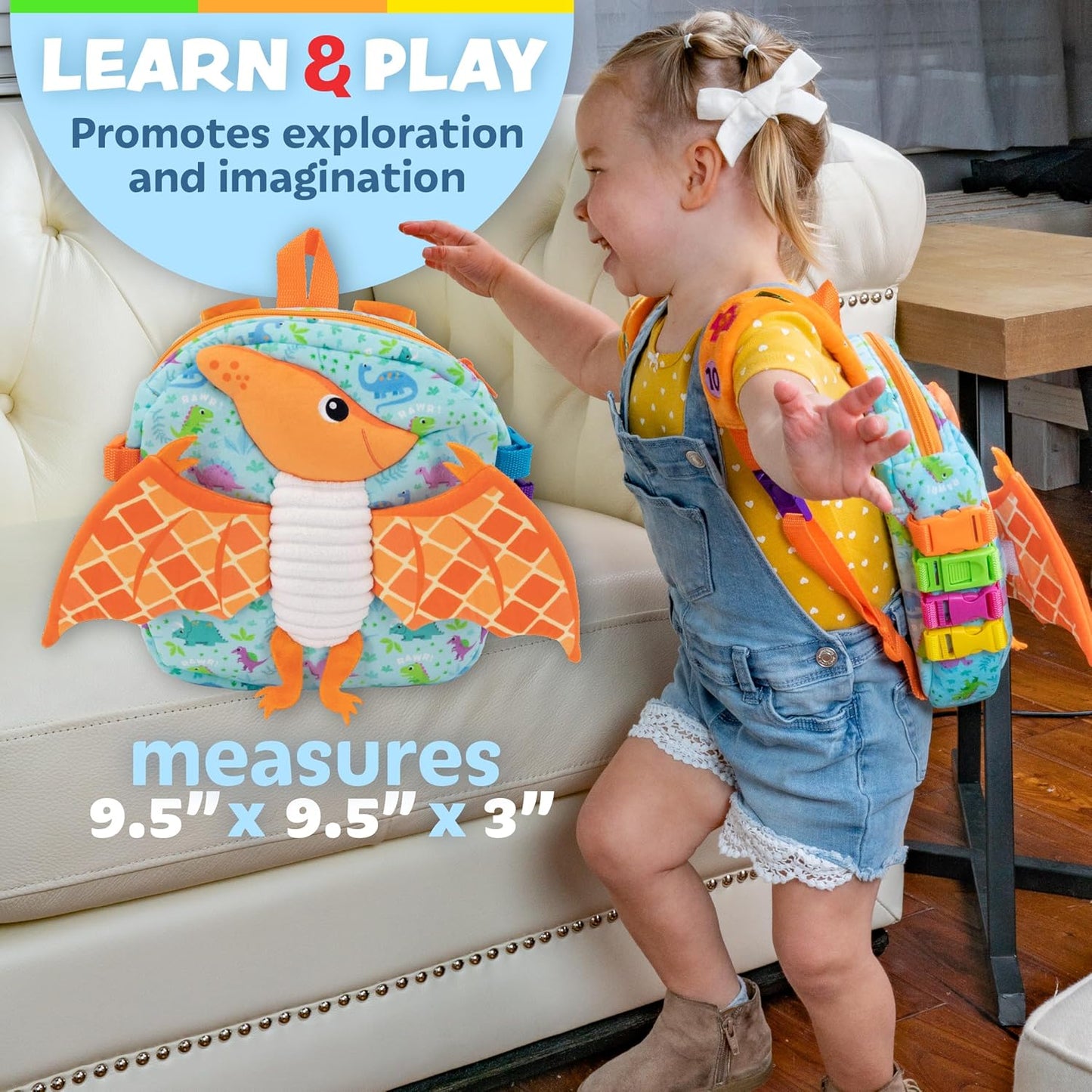 Buckle Toys Breezy Pterodactyl Dinosaur Toddler Backpack with Buckles & Toddler Learning Activities and Sensory Toys for Toddlers 1-3, Travel Essentials Road Trip Activities for Fine Motor Skills