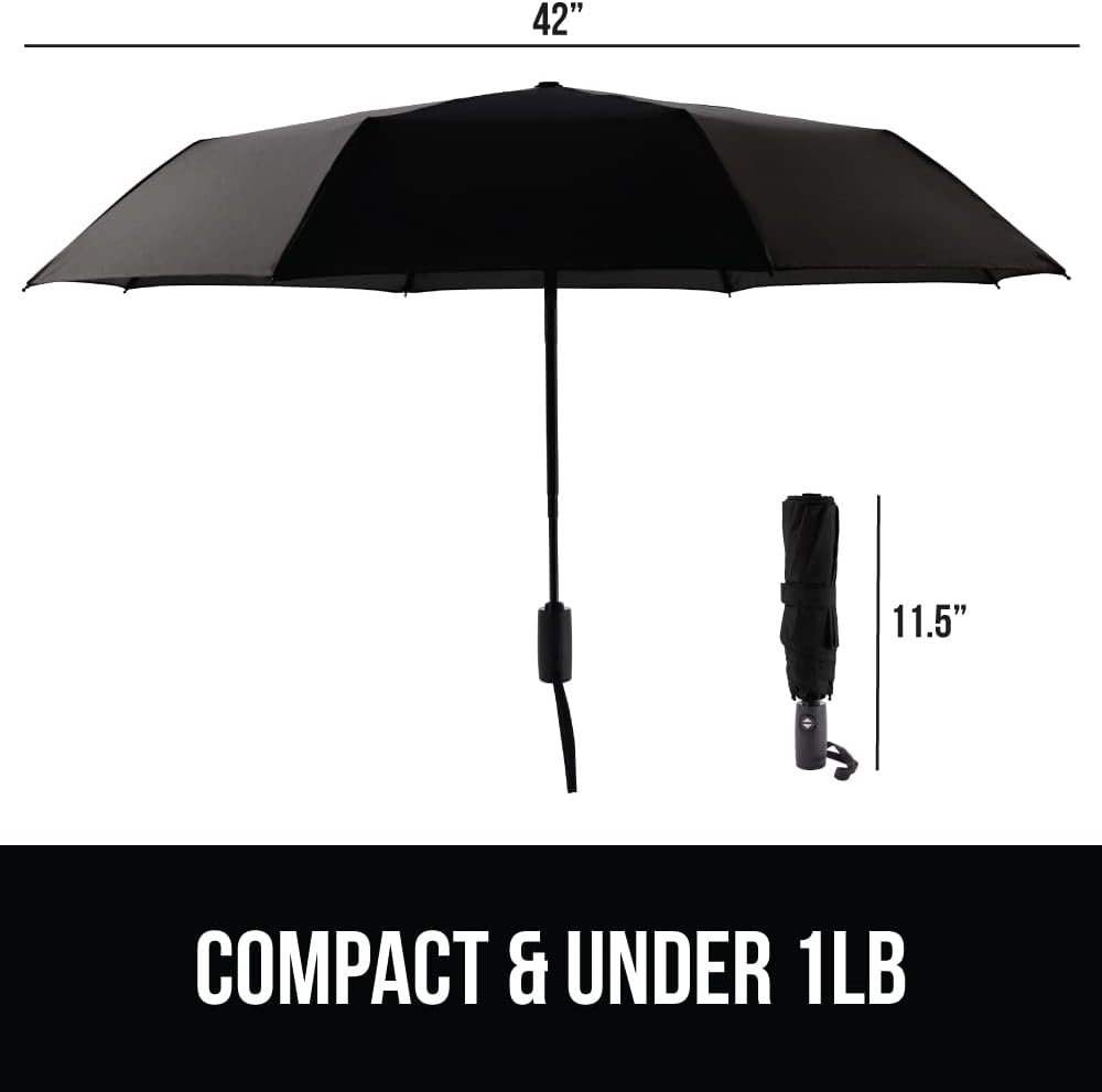 GORILLA GRIP Strong Stick Umbrella for Rain, Compact Travel One-Click Automatic Open Close, Lightweight Portable US Designed Reinforced Fiberglass Ribs, Wind Resistant Easy Collapse Black Green 2 Pack