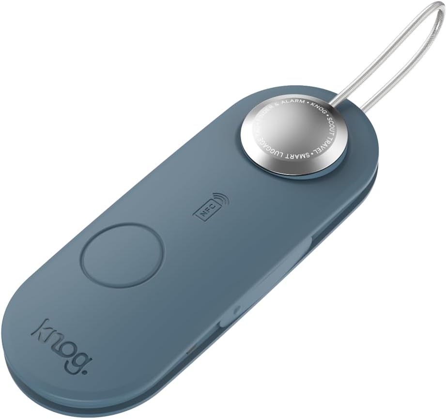 Knog Scout iOS Smart Tag, Tracker & 85d Alarm – Rechargeable Luggage Tag Compatible with iOS App & Apple Find My, Digital Contact Info, Remote Chime, Low Battery Alerts, Water-Resistant, Blue