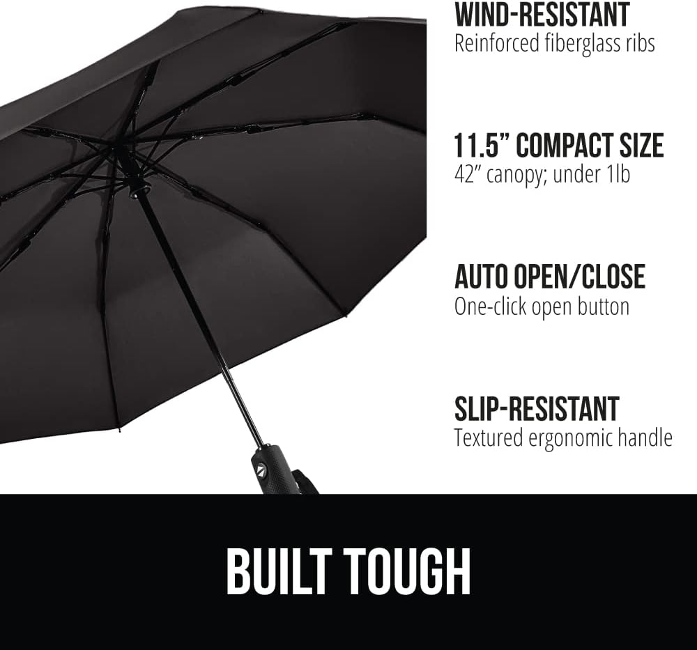 GORILLA GRIP Strong Stick Umbrella for Rain Compact Travel One-Click Automatic Open Close Lightweight Portable US Designed Reinforced Fiberglass Ribs Wind Resistant Easy Collapse Black Sky Blue 2 Pack