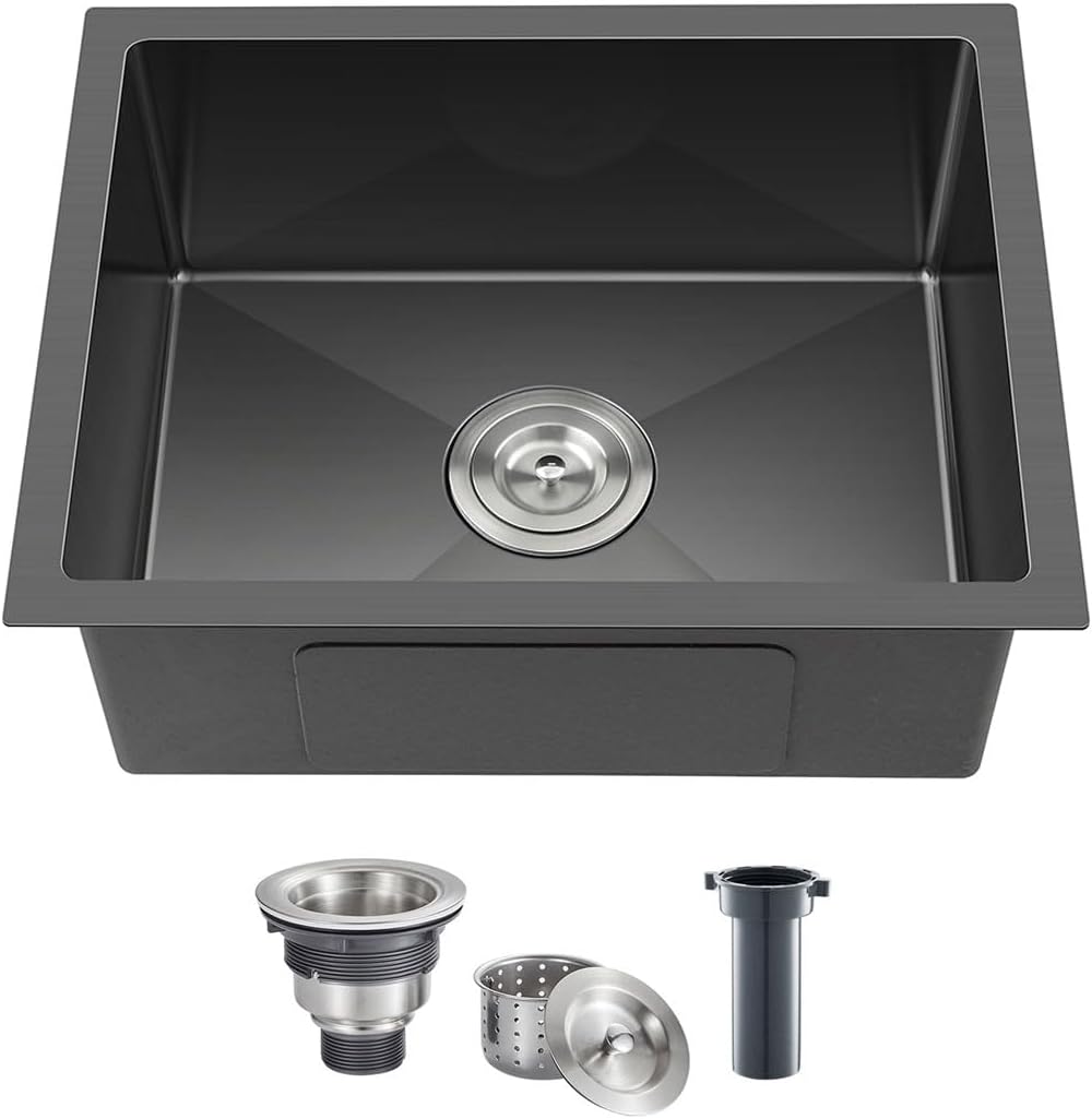 24x18 Inch Undermount Kitchen Sink Nano Black,18 Gauge Stainless Steel Single Bowl Kitchen Sink 9 Inch Deep Bowl Sink Undermount, 24"x18"x9"