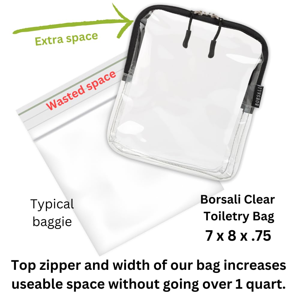 BORSALI TSA Approved Toiletry Bag - Clear Quart Size for 3-1-1 Carry On Travel - Makeup Organizer Cosmetic Pouch with Zipper - Travel Accessories - 5 Pack Colors