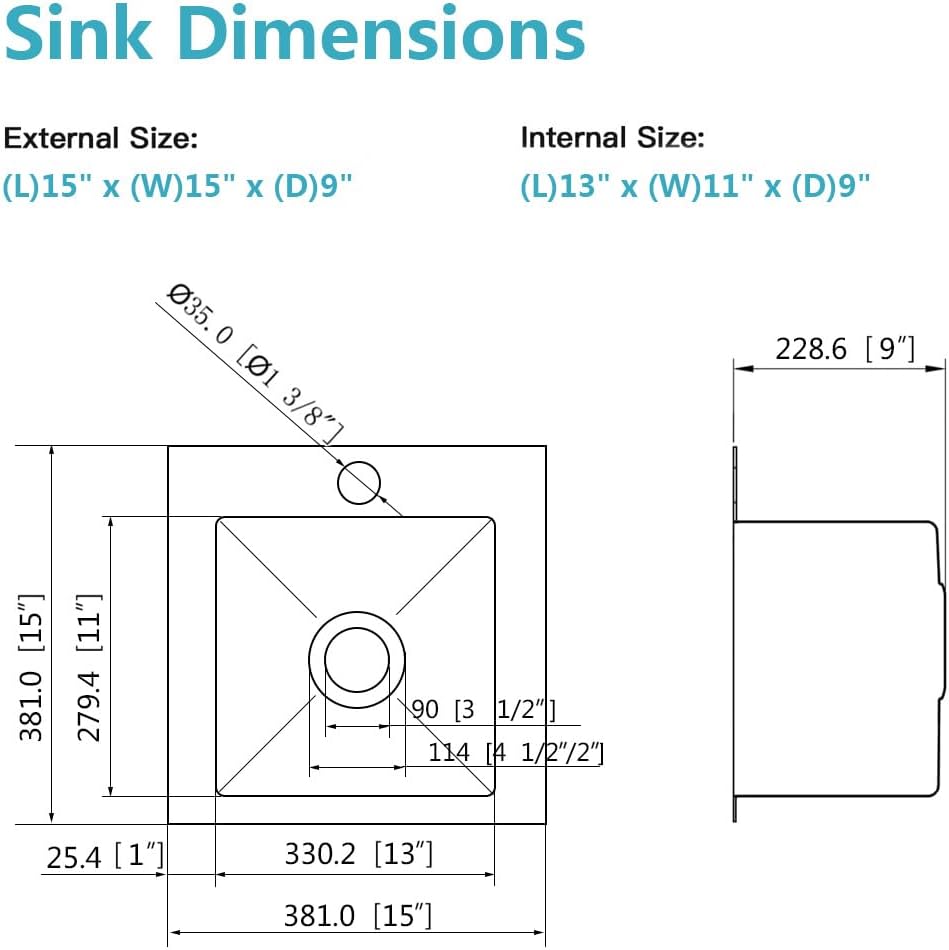 ARTLINE 15 x 15 Inch Black Drop in Bar Sink, Stainless Steel Single Bowl Kitchen Sink, Small Topmount 9 Inch Deep Wet Bar sink for Outdoor Prep RV Yard Laundry Utility with Dish Grid & Drain