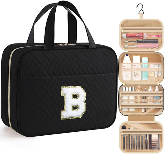 HOTOR Travel Toiletry Bag - Personalized Chenille Initial Makeup Bag, Water-Resistant Personalized Gifts for Women, Portable Travel Accessories & Essentials, Letter B, Black, 11.4"×9.0"×3.35"