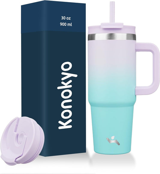 30 oz Tumbler with Handle and 2 Straws,2 in 1 Lid Insulated Water Bottle Stainless Steel Travel Coffee Mug,Lavender Green