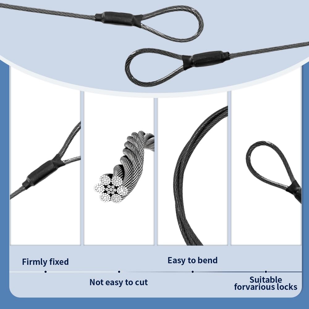 3.3mm (1/8 Inch) Outdoor Travel Stainless Steel Security Cable-15ft Luggage Lock Safety Wire Flexible Steel Wire Rope with Double Loop Safety for Luggage, Bike, Lock(Black, 15ft-(1Pack)