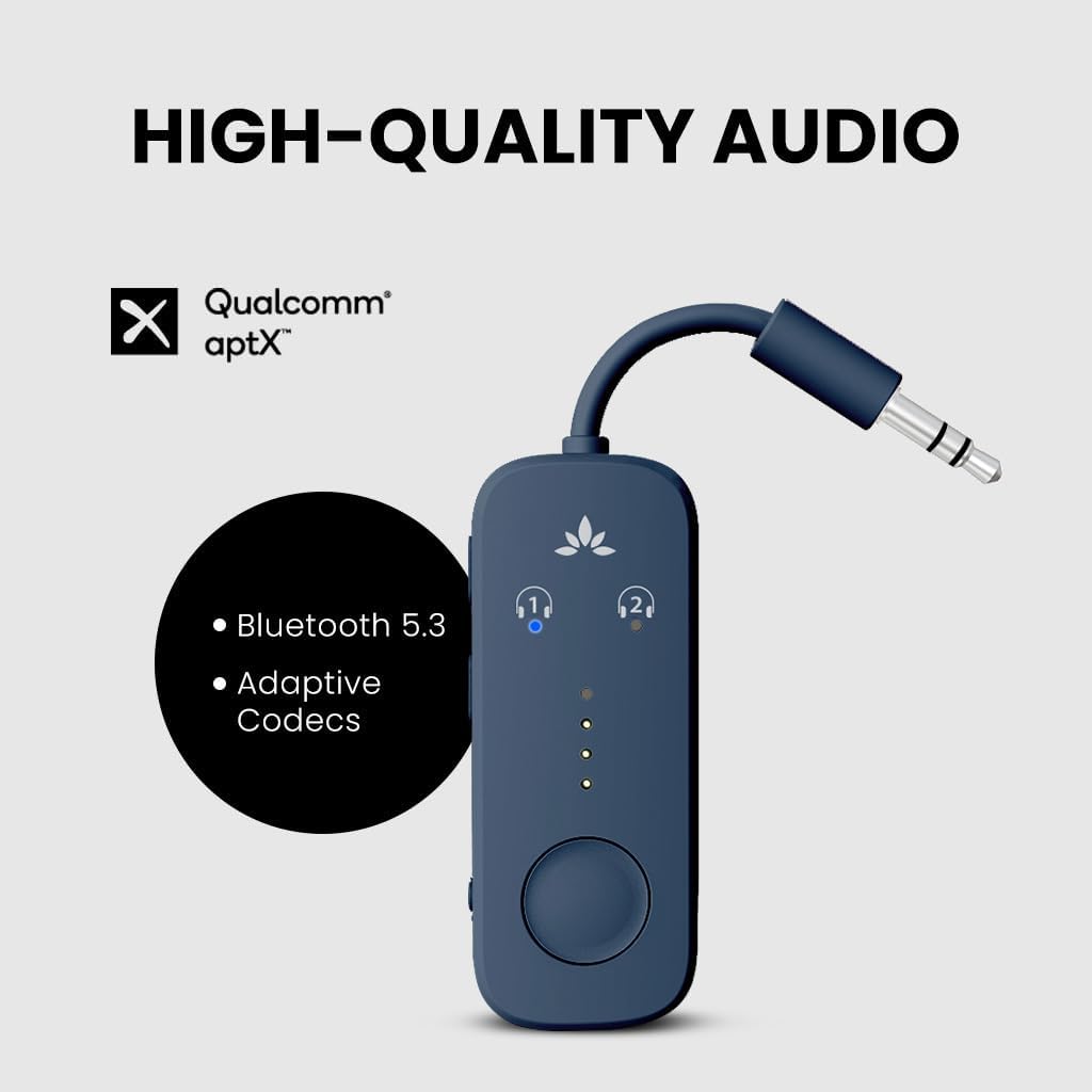 Avantree Relay - Airplane Bluetooth 5.3 Adapter with Qualcomm aptX Adaptive, Supports 2 AirPods or Headphones, 20Hr Playtime, 3.5mm AUX Wireless Audio Transmitter for Travel Flight, Airline, Gym