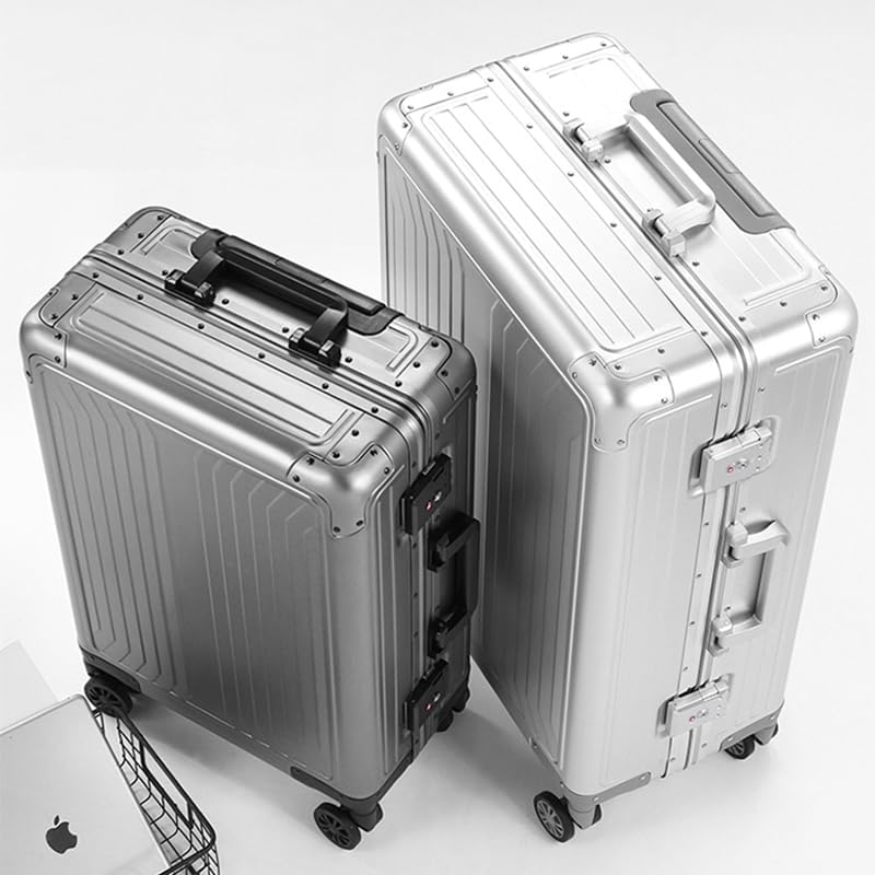 Metal all aluminum carry-on suitcase 20 "hard face, TSA lock and rotating wheel zippered luggage set (black, 20 '')