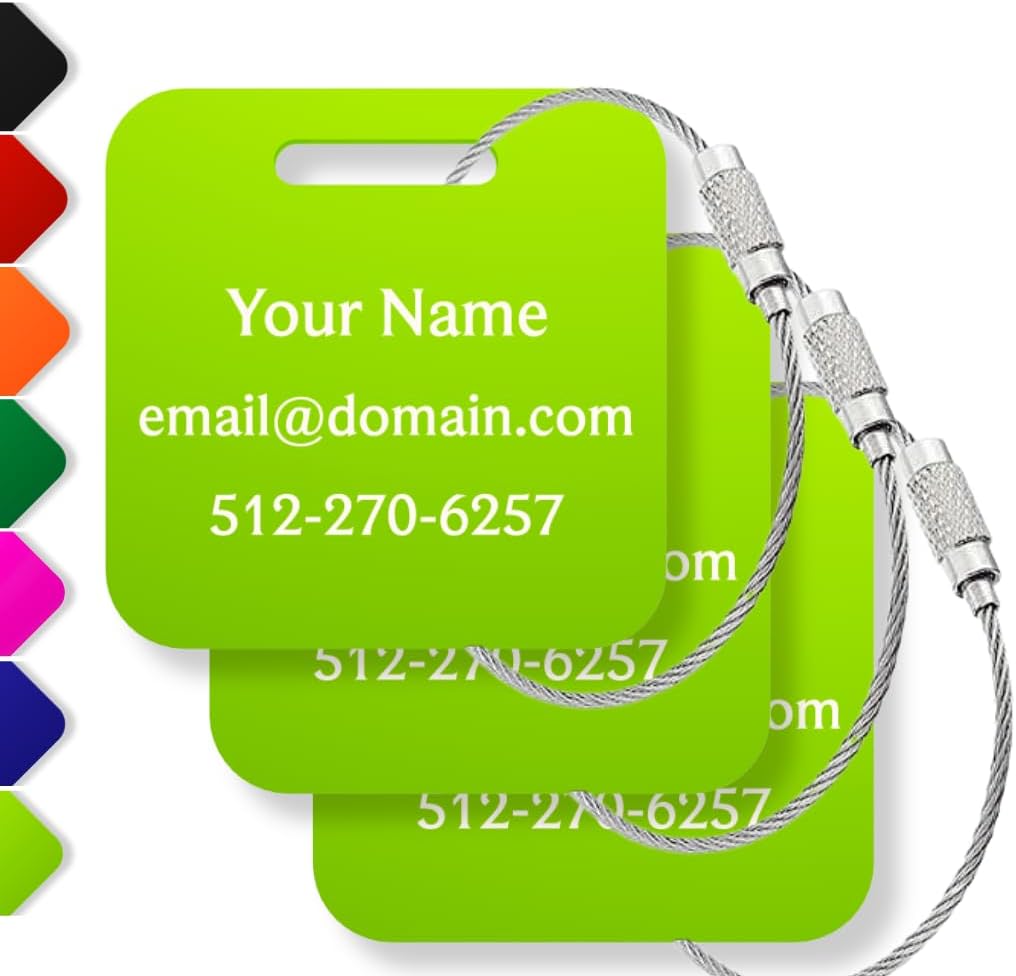 Custom Luggage Tags (3 or 6 Pack) - Personalized Unique Suitcase & Backpack Travel, Durable, Waterproof & Heavy Duty (Lime)