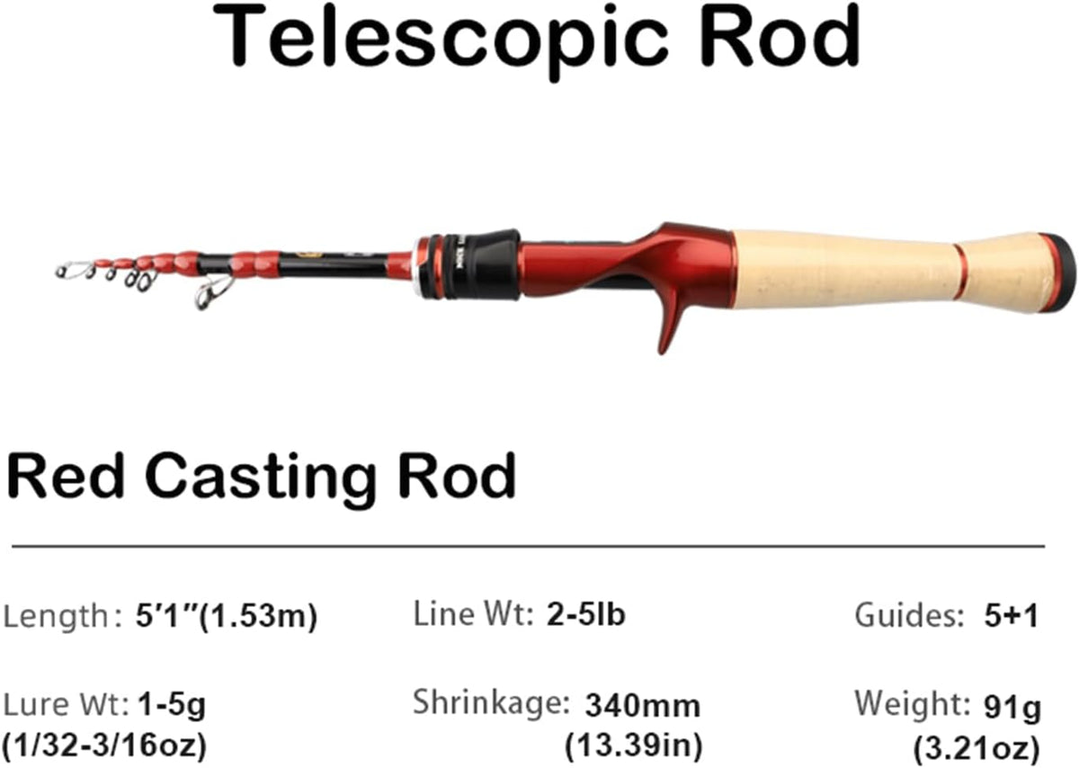 PURELURE Fishing Rod Telescopic, Carbon Fiber Spinning Casting Travel Rod, Spare Solid Carbon Tip, 3A Cork Handle, ABS Metal Reel Seat, Floating Guide Ultralight Portable Fishing Pole