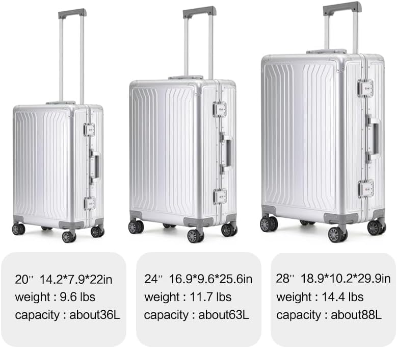 Metal all aluminum carry-on suitcase 20 "hard face, TSA lock and rotating wheel zippered luggage set (dark grey, 28 '')