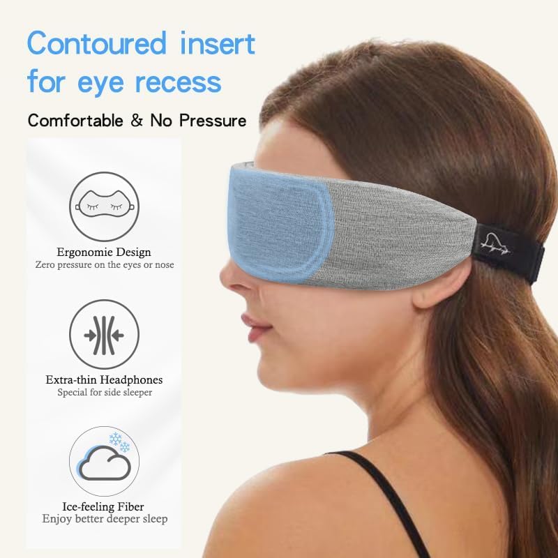 ALASKA BEAR Sleep Headphone Mask Bluetooth 5.2 HD Stereo Noise Reduction 3D Eye Mask for Sleeping Eye Contour Built-in Mask w/Thin Speakers Wireless Audio Sports Headgear(Gray)