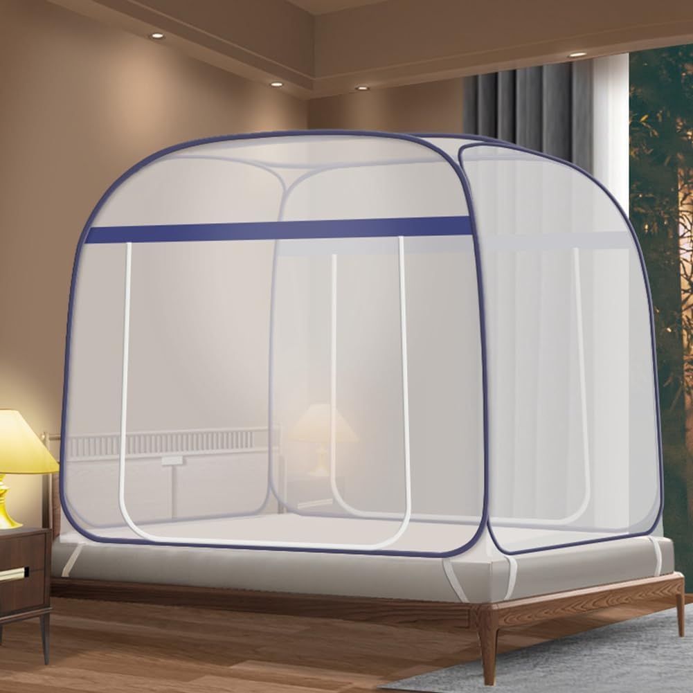Pop-Up Mosquito Net Tent for Beds Portable Folding Canopy with Net Bottom, Fits Twin to King Size 79x71x59inch, Easy Install Wash for Baby Adults, Indoor Outdoor Use (Blue-Queen Bed)