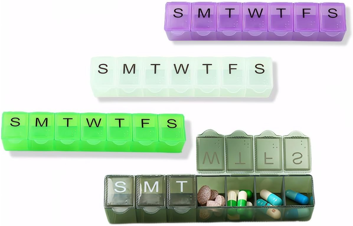 4 Pack Weekly (7-Day) Pill Organizer, 7 Days Pill Case Travel Daily Pill Box Portable Medicine Organizer and Planner with Compartment for Vitamins, Fish Oil, Supplements and Medication (4 Colors)