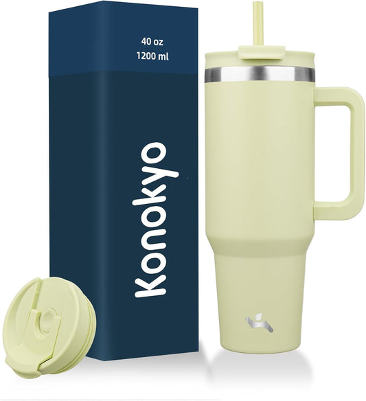 40 oz Tumbler with Handle and 2 Straws,2 in 1 Lid Insulated Water Bottle Stainless Steel Travel Coffee Mug,Macaron Green