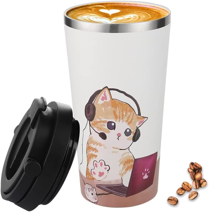 Funkrin Insulated Coffee Mug with Ceramic Coating, 16oz Iced Coffee Tumbler Cup with Flip Lid and Handle, Double Wall Vacuum Leak-Proof Travel Mug for Office School Party Camping