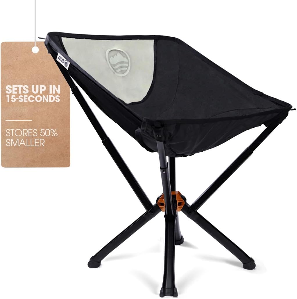 CLIQ Portable Chair Version 1.0 - Collapses to Size of Water Bottle - Lightweight Folding Chair for Camping - Outdoor Chair Supports 300 Lbs - Camp Chair Outdoor Adventures - Black