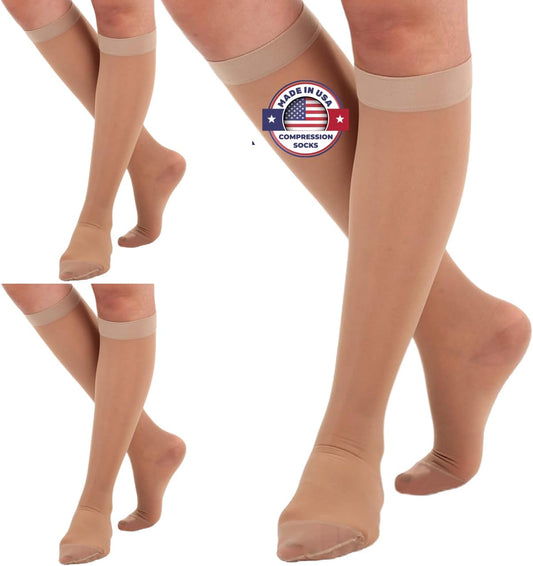 (3 Pairs - Closed Toe) Made in USA - Sheer Compression Stockings for Women 15-20mmHg - Womens Compression Socks for Circulation during Travel, Airplane, Sport, Athletic - Natural, X-Large - A101NA4-3