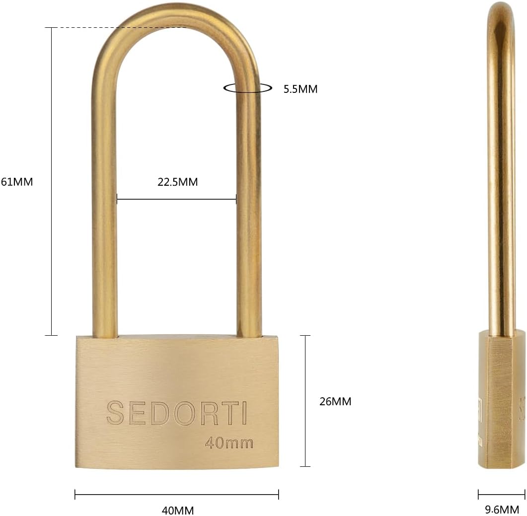 Weather Proof Lock, Keyed Alike Solid Brass Padlocks with Long Brass Shackle, Light Duty, 1-1/2" Wide Body, Marine Padlock, Anti Rust Lock, 2 Pack