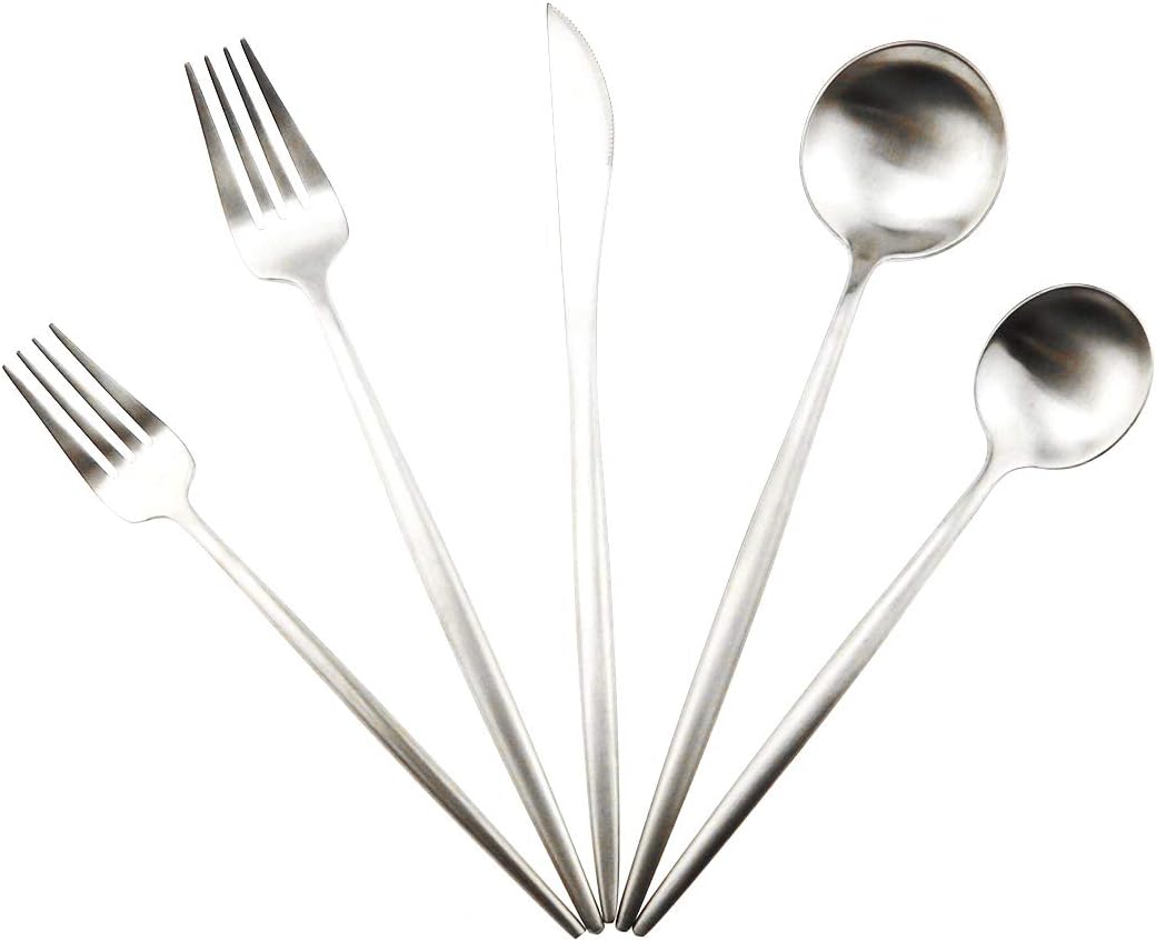 Gugrida 20-Piece 18/10 Stainless Steel Flatware Silverware, Luxury Dinnerware Set Travel Cutlery Tableware Include Knife Fork Spoon Service for 4,Healthy & Eco-Friendly Dishwasher Safe (Silver Matte)