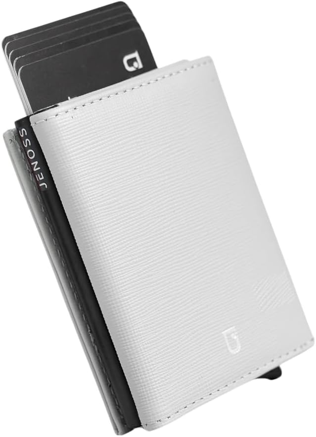 Jenoss Smart Wallet For Men & Women: Full Grain Leather, Handcrafted, Slide Metal Pop Up Case, Slim RFID Blocking Credit Card Holder Minimalist Compact 12 Cards Slot Organizers ID Clip (Grey & Black)