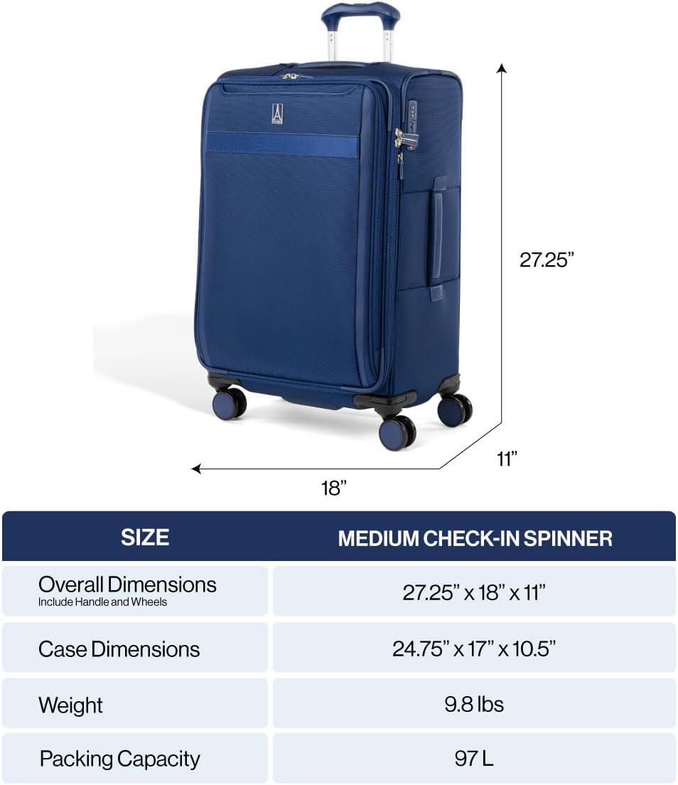 Travelpro VersaPack+ Lightweight Softside Expandable Checked Luggage, 8 Spinner Suitcase, TSA Lock, Men and Women, Checked Medium 25-Inch, Black