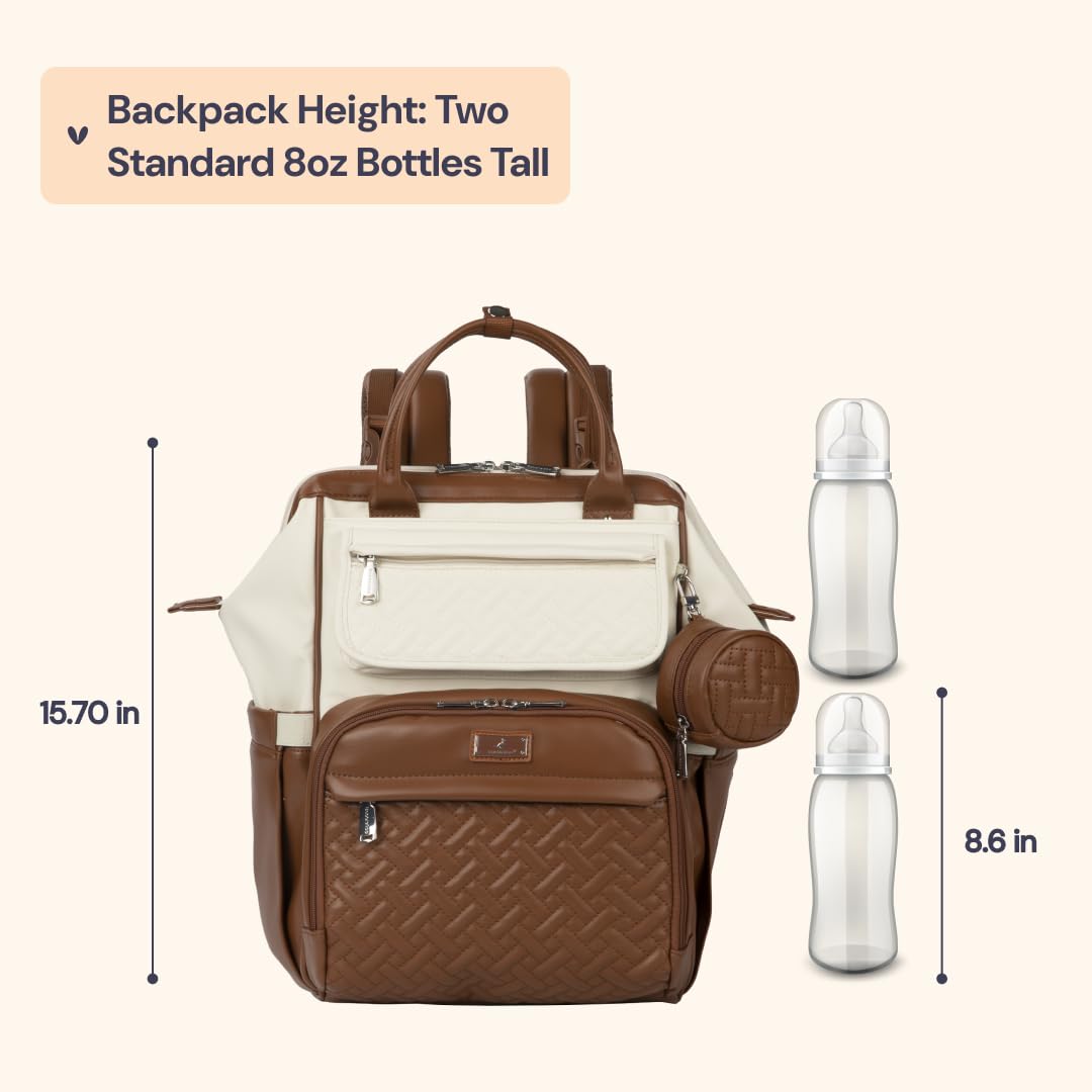 BabbleRoo Leather Diaper Bag Backpack, Multifunction Large Bags with Changing Pad & Stroller Straps & Pacifier Case, Unisex Stylish Travel Back Pack Nappy Changing Bag for Moms Dads (Coffee Cream)