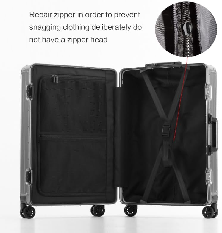 Metal all aluminum carry-on suitcase 20 "hard face, TSA lock and rotating wheel zippered luggage set (silvery, 24 '')