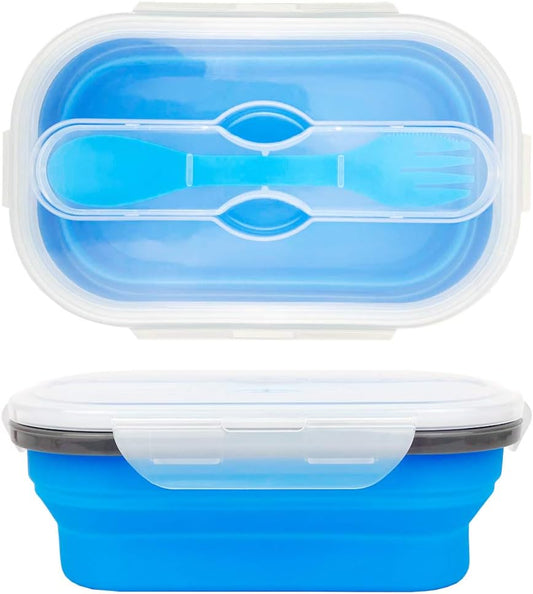 CARTINTS 800ml Collapsible Bento Lunch Box, Silicone Food Storage Container, with Leakproof Lids and Spoon, Microwave Freezer Safe, Blue