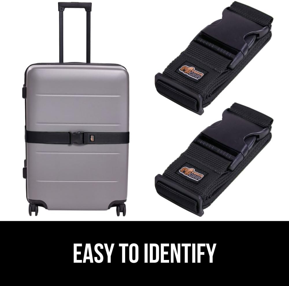 GORILLA GRIP Heavy Duty 4 Pack Adjustable Luggage Straps for Suitcases, Easy to Identify Travel Belt Connector Holds Suitcase Together, Extends Life of Bag, Strap Connects Two Bags, Accessories, Black